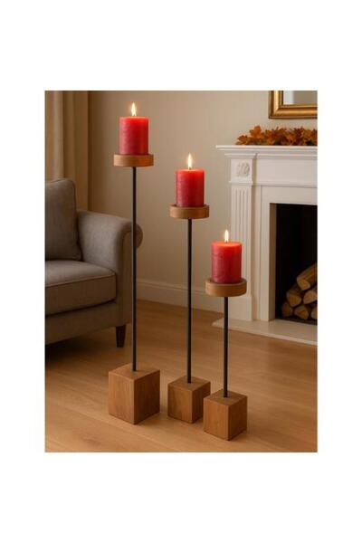 MAVİ TREND Dekoratif 3 Lü Uzun Şamdan & Mumluk Metal Black wood