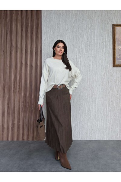 ESRAHELVACI Belted Pleated Suede Long Skirt
