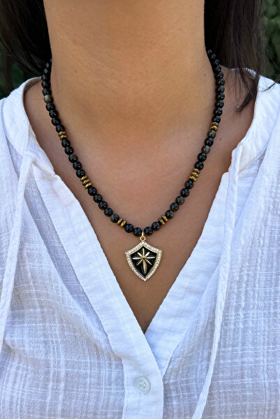 Suerte Accessories Handmade Onyx and Hematite Natural Stone Special Design Women's Natural Stone Necklace with Steel Pendant