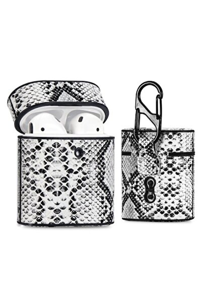 Bibilel Husă din piele cu model de piele de șarpe pentru Apple AirPods 1/2, albă