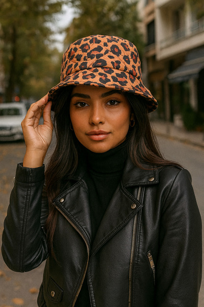 Neşeli Butik pălărie tip bucket matlasată cu imprimeu leopard pentru femei NB...