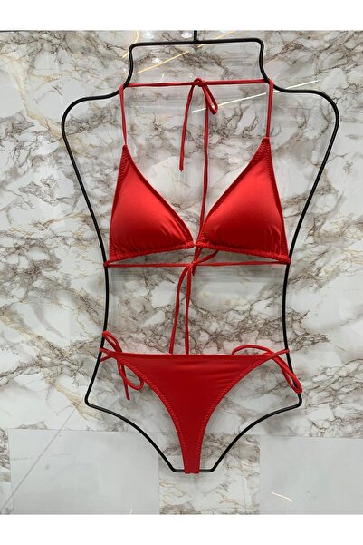 VAJESTO Women's Red Lycra String Side and Neck Tie Thong Bikini Set