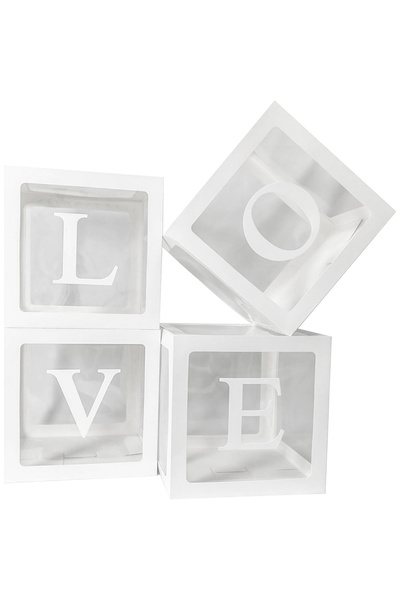 Flippy Set 4 Cutii pentru Baloane, Flippy, Model Scris Love, Tematica Iubire, Cuburi Decorative din Plastic