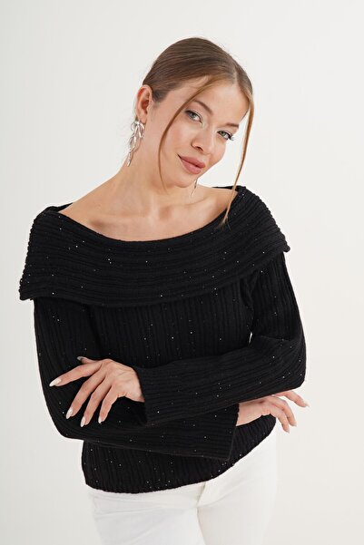 Hipo Trend Μαύρο πουλόβερ με παγιέτες Carmen oversized Trend