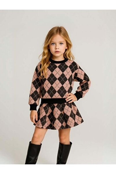 Zekids Girl's Soft Textured Diamond Patterned Skirt Suit