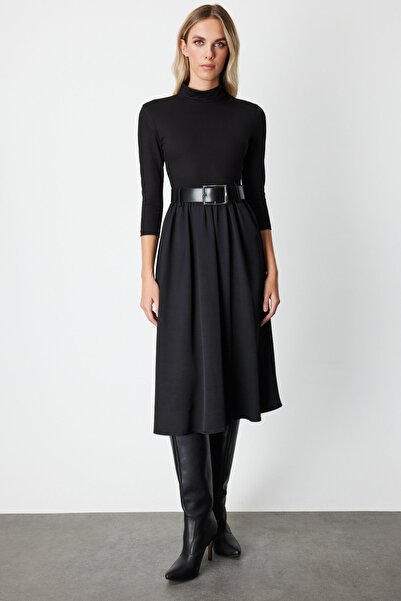 ON Beli Kemerli Mix Kumaş Midi Elbise