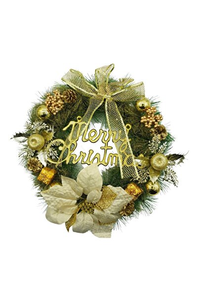 OEM Coronita de Craciun pentru usa, Verde-Auriu, 40 cm, PVC, Artificiala, Decorata, Interior/Exterior,