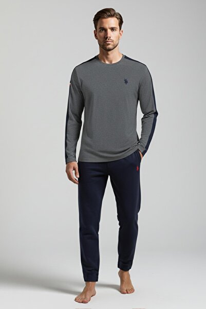 U.S. Polo Assn. Men's Long Sleeve Anthracite Crew Neck Stripe Detail Straight Leg Pajama Set C7T5N981