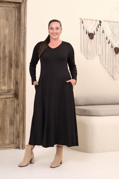 Truva XXL Rochie neagră cu decolteu în V de mărime mare – Viscose Lycra Eleganță confortabilă