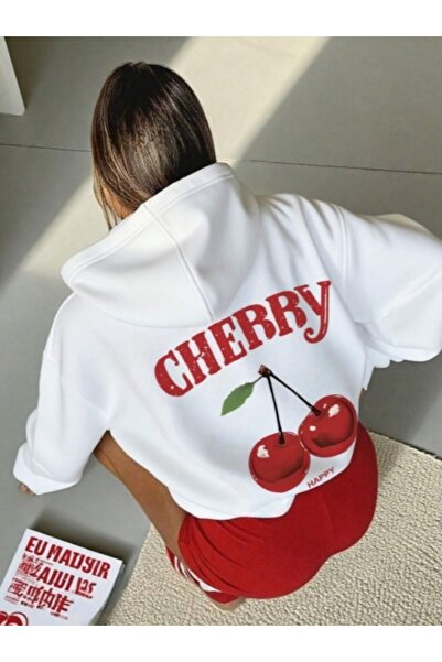 AFROGİYİM Γυναικείο φούτερ με κουκούλα με στάμπα Cherry με 2 κλωστές