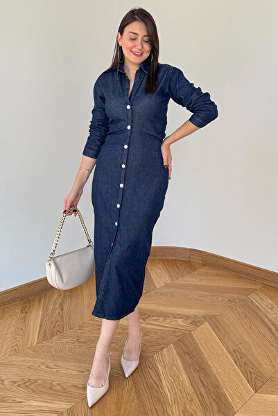 Cappmoda Elb-01834 Navy Blue Hidden Zipper Full Length Buttoned Denim Dress