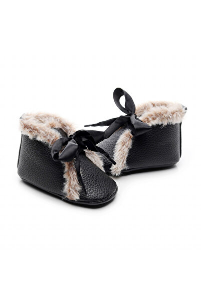 Superbaby Black fur-lined ankle boots with satin bow