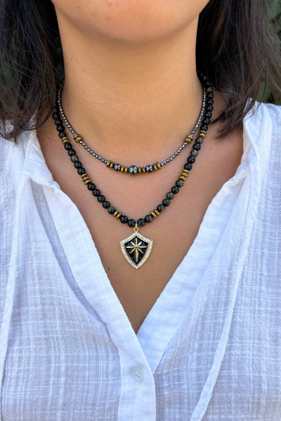 Suerte Accessories Onyx Natural Stone Steel-Tipped Hematite Stone Handmade Special Design Double Natural Stone Necklace Combination