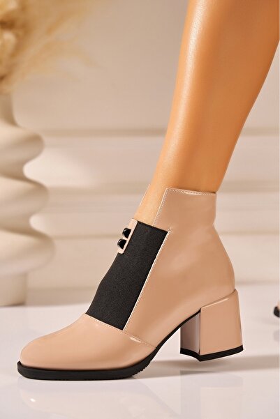 Joana Γυναικεία μπεζ μποτάκια με τακούνι από τεχνητό δέρμα