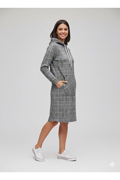 Green'DAL Kapüşonlu Kanguru Cep %100 Pamuk Tam Kışlık Oversize Spor Kadın Hoodie Elbise