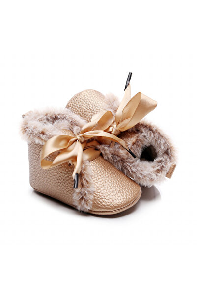 Superbaby Golden fur-lined ankle boots with satin bow