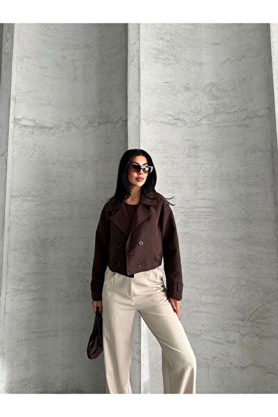 ParlaMira Kadın Acı Kahve Crop %100 Pamuk Gabardin Rüzgarlık Detaylı Düğmeli Astarlı Premium Trençkot