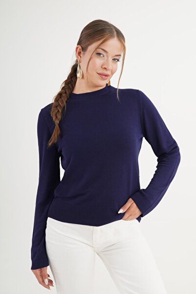 Hipo Trend Pulover tricotat subțire cu guler rotund basic bleumarin