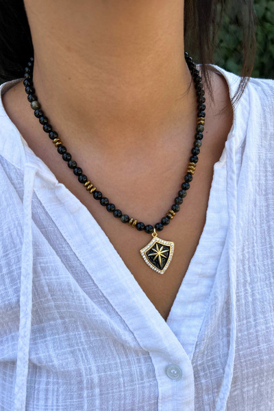 Suerte Accessories Handmade Onyx and Hematite Natural Stone Special Design Women's Natural Stone Necklace with Steel Pendant