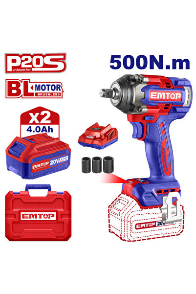 EMTOP Mașină de găurit cu impact și șurubelniță cu 2 baterii de 4.0Ah, motor fără perii, 500 Nm, 1/2", 3 capete 21, 22,