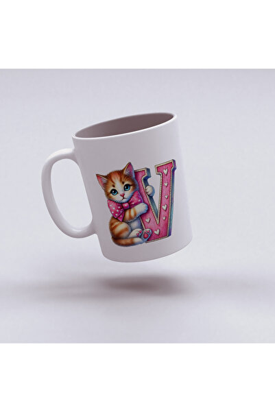 Kupa Letter V Cup, Pink Design Cup with Cute Cat, Gift for Friend or Family P...