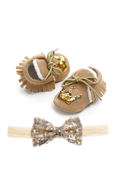Superbaby Brown fur-lined shoes with matching headband