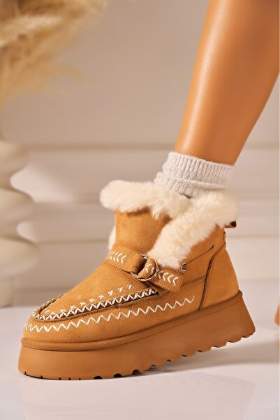 Joana Ghete de damă cu blană artificială și piele întoarsă camel - Reonaz