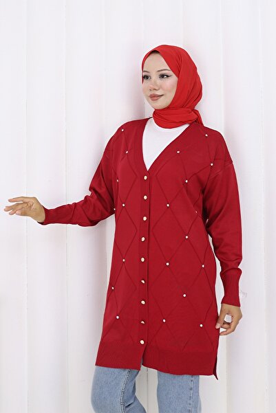 benguen Stone Baklava Patterned Long Cardigan N3246 Red