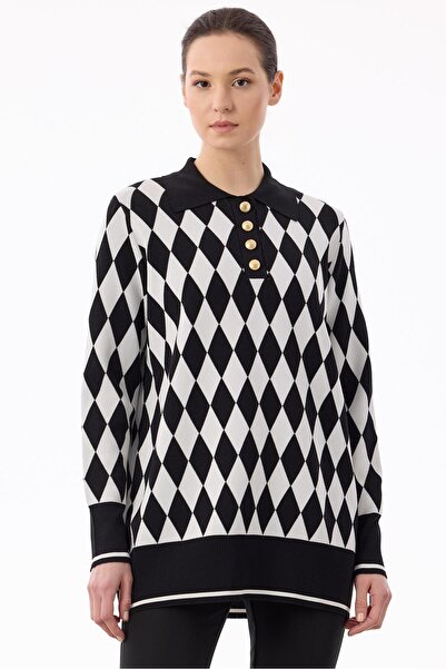 Tığ Triko Polo Yakalı Baklava Desenli Tunik SİYAH-EKRU