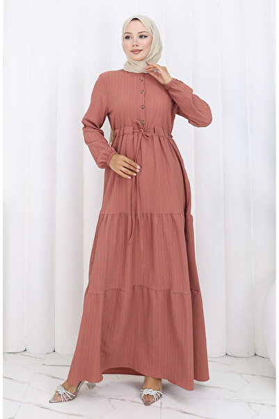 sefamerve Kolu Lastikli Belden Bağlamalı Elbise 2158-05 Soğan Kabuğu