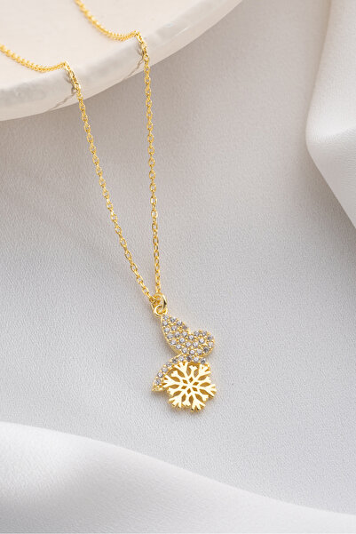 Two Arts Jewelry 925 Ayar Gümüş Kar Tanesi ve Kalp Zirkon Taşlı Kolye – Zirkon Taşlı – Kadın