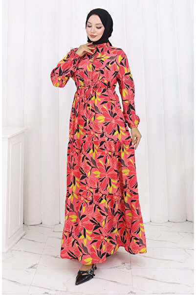 sefamerve Φόρεμα με μισό κουμπί από ύφασμα Modal 0162-04 Λουλούδι Ρόδι