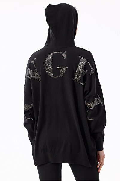 Tığ Triko Arkası Taş Yazı Baskılı Kapüşonlu Tunik SİYAH