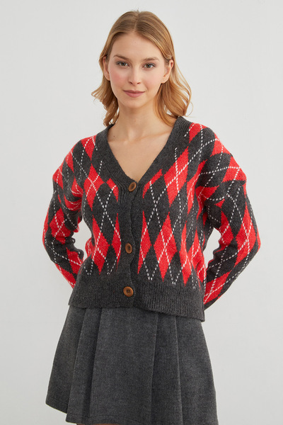 Fulla Moda Diamond Patterned Buttoned Knitwear Cardigan