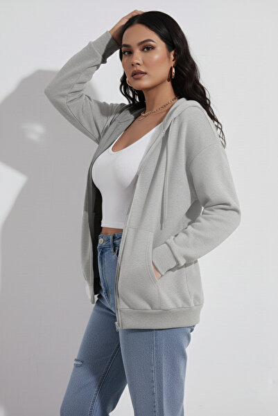 trendypassion Φούτερ Unisex Γκρι με φερμουάρ με κουκούλα