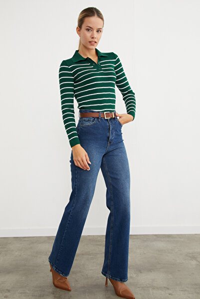 Fulla Moda Çizgili Polo Yaka Yarım Düğmeli Triko Kazak