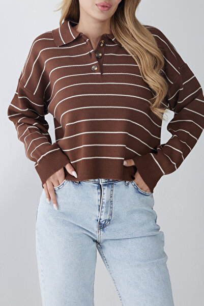 DPARİS Striped Polo Neck Buttoned Knitwear Sweater