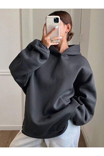 AFROGİYİM Γυναικείο φούτερ με κουκούλα με στάμπα με 2 κλωστές