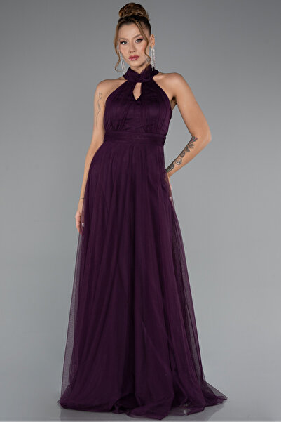 Abiyefon Mor Halter Yaka Uzun Abiye Elbise ABU3252
