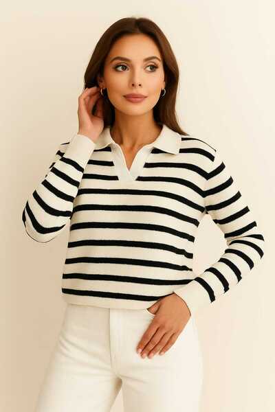 AQE FASHION Pulover de tricotat cu model moale, cu guler polo, cu dungi, alb/negru