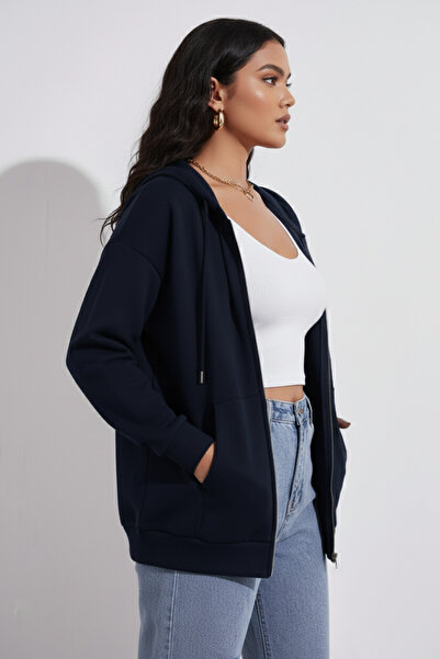 trendypassion Unisex Lacivert Fermuar Kapüşonlu Sweatshirt
