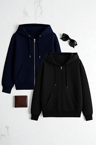 trendypassion Unisex Navy Blue & Black Zipper Hooded Sweatshirt 2-Piece Opportunity Pack