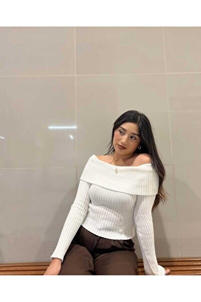 NOTCHTR بلوزة نسائية بيضاء بياقة قارب وقصة ضيقة مكشوفة الكتفين من التريكو