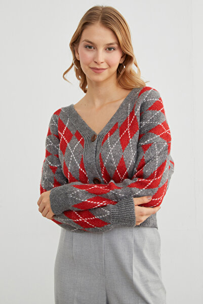 Fulla Moda Diamond Patterned Buttoned Knitwear Cardigan