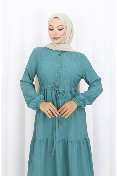 sefamerve Kolu Lastikli Belden Bağlamalı Elbise 2158-04 Petrol