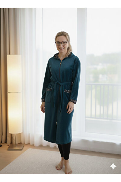 Defkay Robă de dormit pentru femei din bumbac, toamnă și iarnă, cu buzunare