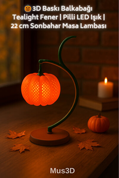 Mus3D 🎃 3D Baskı Balkabağı Tealight Fener | Pilli LED Işık | 22 cm Sonbahar ...