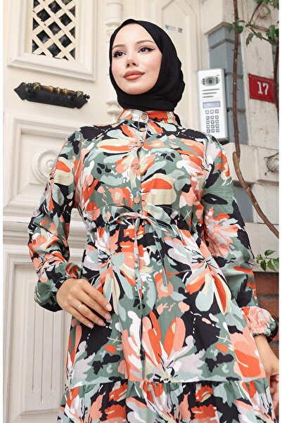 sefamerve Φόρεμα με μισό κουμπί από ύφασμα Modal 0164-04 Χακί Πλακάκι