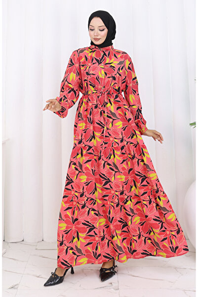 sefamerve Φόρεμα με μισό κουμπί από ύφασμα Modal 0162-04 Λουλούδι Ρόδι