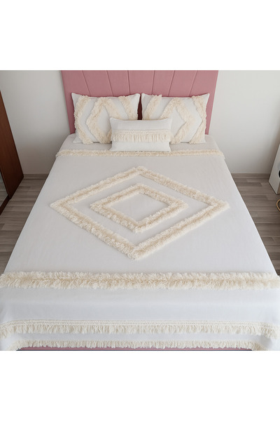 Kubra hobim El yapımı bohem ponponlu model tek kişilik yatak örtüsü takım 120 x 200